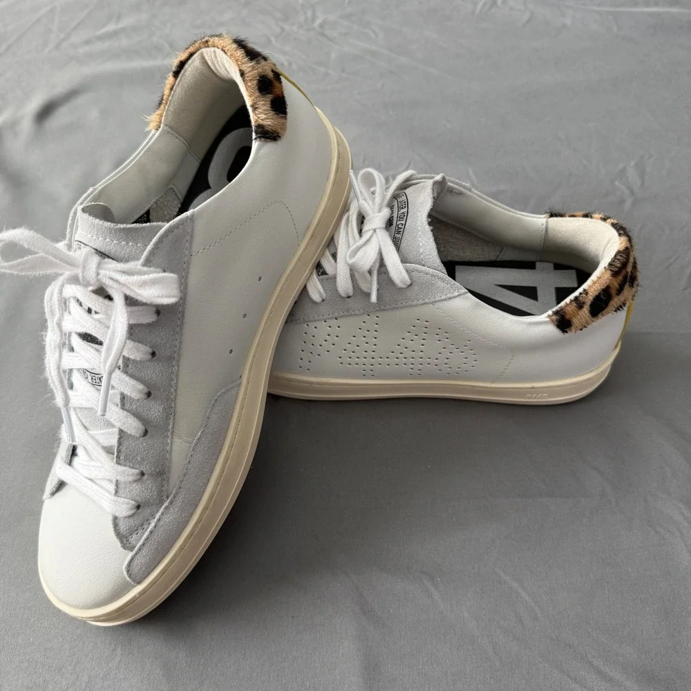 P448‎ John Sneakers Women 38 White Grey Leopard Calf Hair Yellow Low Top Italy